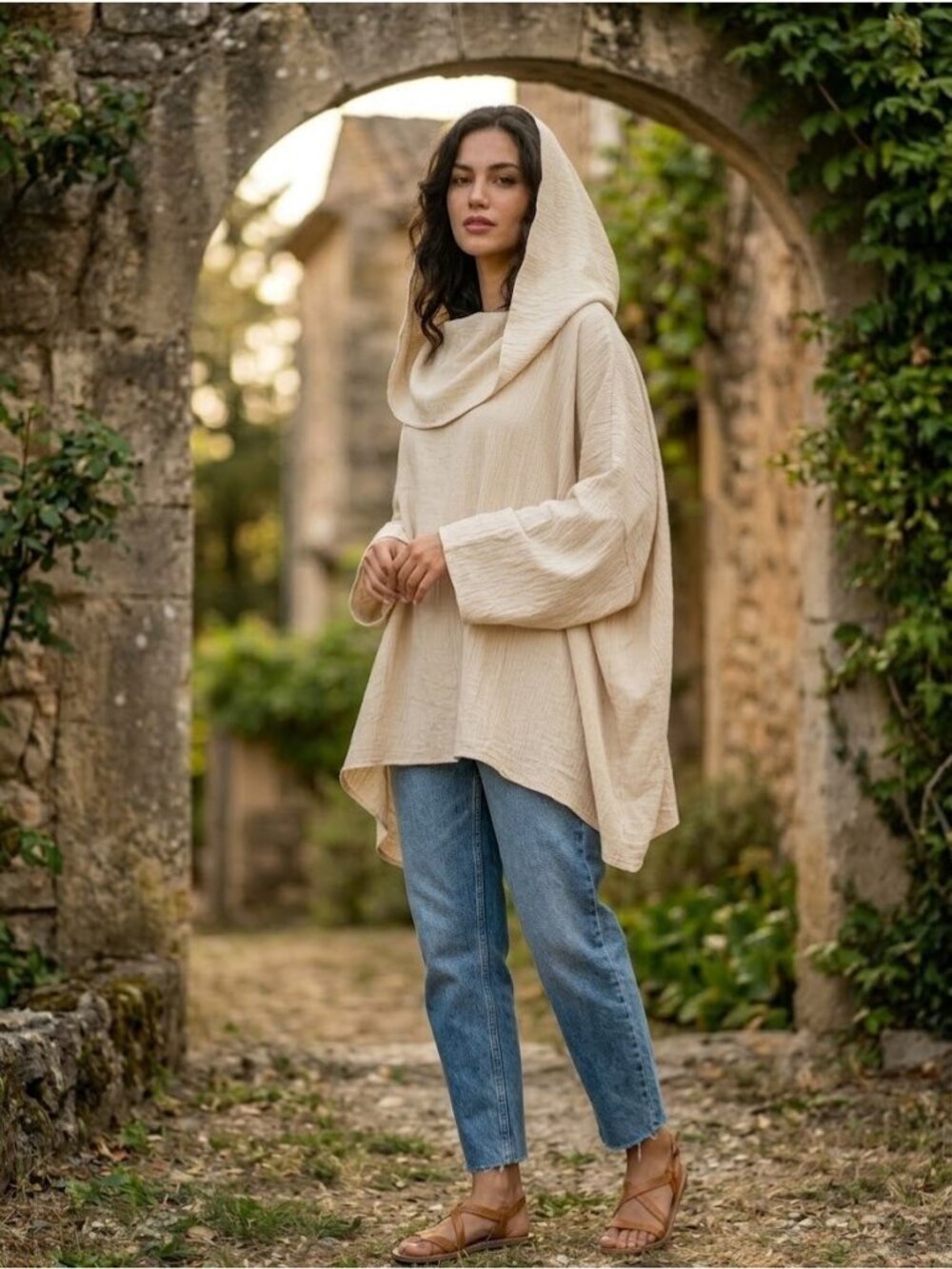 M Made in Italy Womens Large Cream Oversized Hooded Tunic Dress Roll Tab Sleeve